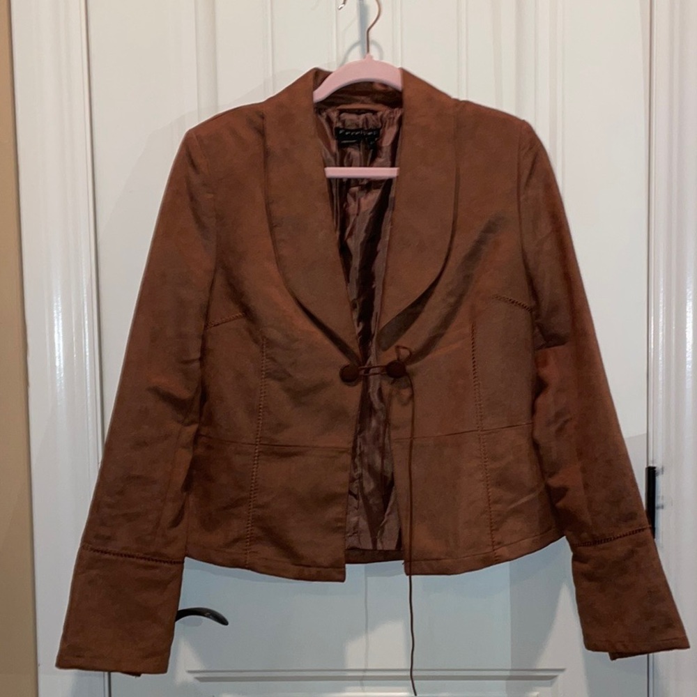 Parallel L Faux Suede Jacket Long Full Sleeves Brass Buttons closure with Ties